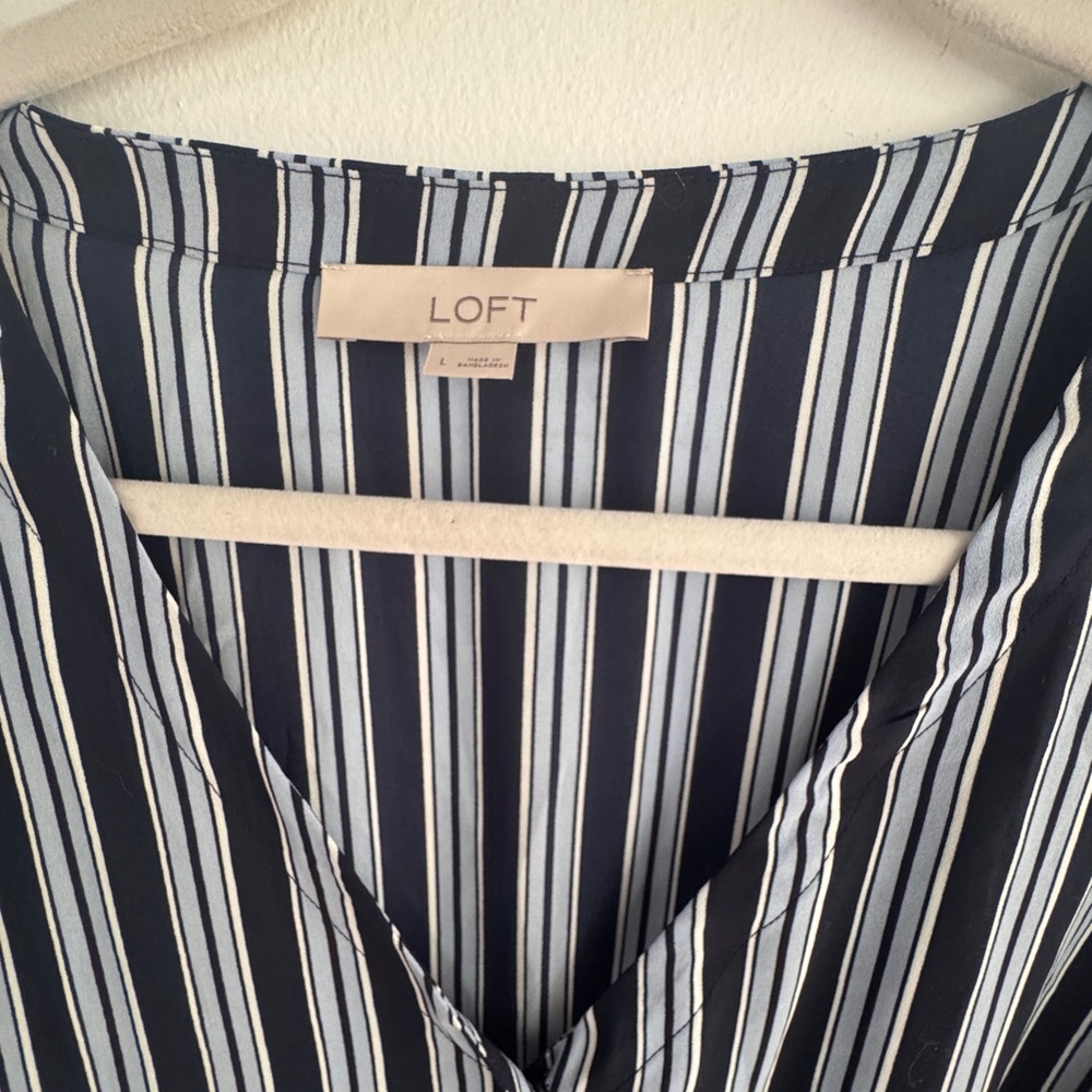 LOFT Navy, Pale Blue and White Striped smart Wrap Blouse - Picture 2 of 9